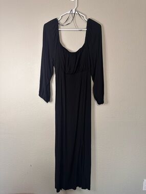 Black Long Sleeve Maxi Dress - Classic Women's Dress with small front slit XL